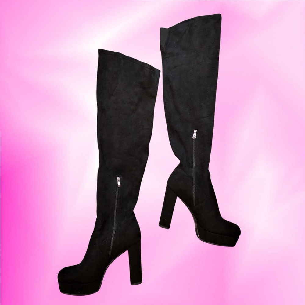 Black suede thigh-high boots with a high heel. - Picture 2 of 2